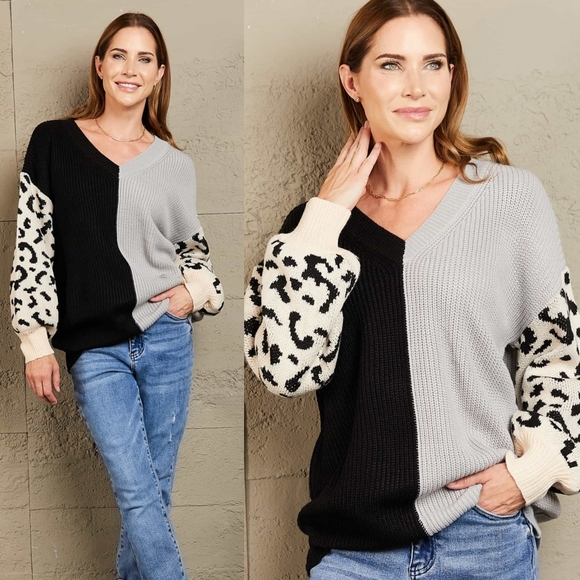 Melody Leopard Colorblock Sweater  - Gray - Picture 1 of 12